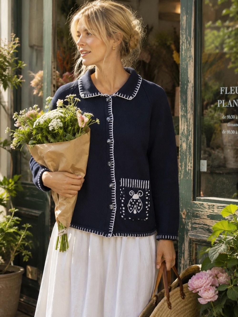 Navy Women's Button-Front Cotton Cardigan with Contrast Stitching